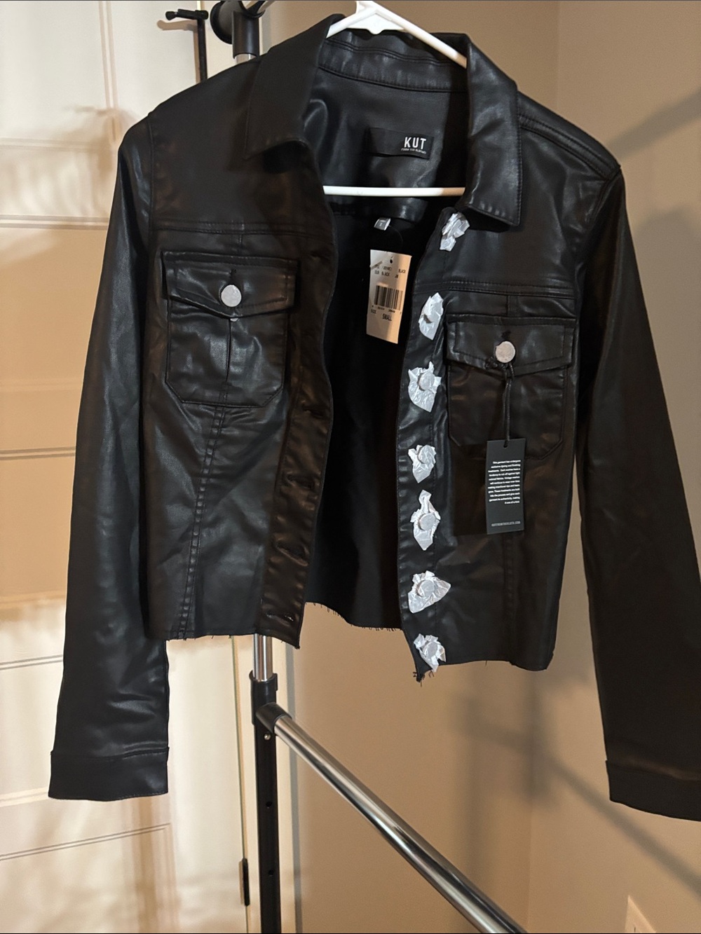 Kut from the Kloth Black Faux Leather Jacket with Silver Floral Stud Trim